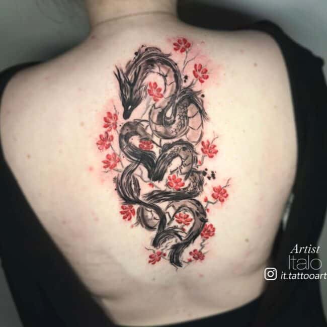 Italo Tattoo Artist Colour Watercolour Whole Body Dragon Tail Belly Eye Intertwined Cherry Blossoms Blooms Flowers Petals Stems Spine Back Tattoo