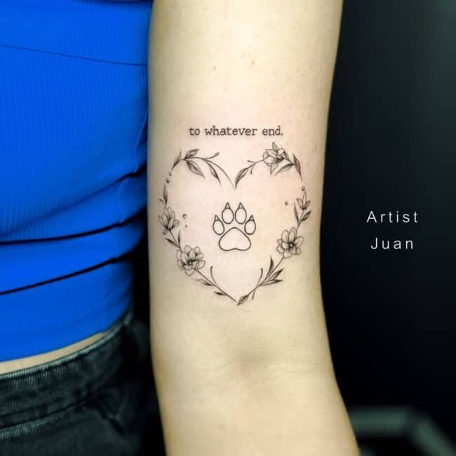 Juan Tattoo Artist Fine Line Black and Grey Script Lettering Heart Leaves Flowers Dog Paw Nail Pad Toe Bean Dot Stems Bloom Forearm Tattoo