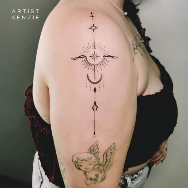Kenzie Tattoo Artist Geometric Fine Lines Stars Diamonds Arrow Dots Half Moon Phase Sharp Edges Angel Wing Detailed Face Eye Hair Nose Lip Arm Forearm Tattoo