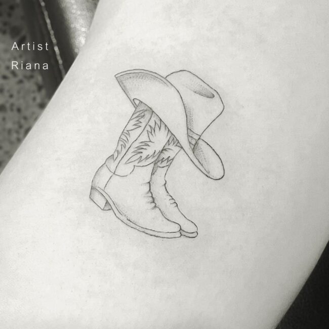 Riana Tattoo Artist Fine Line Minimalist American West Cowboy Hat Boots Leaves Sole Heel Shaft Toe Box Pinch Crown Shape Forearm Tattoo