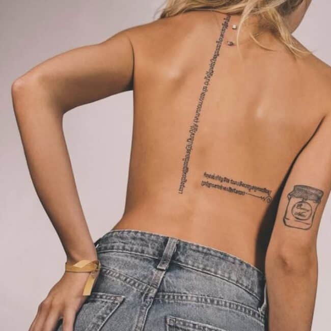 Script Lettering Fine Line Mantras Quotes Sanskrit Vertical Horizontal Letters Cursive Jar Glass Lid Spine Back Tattoo