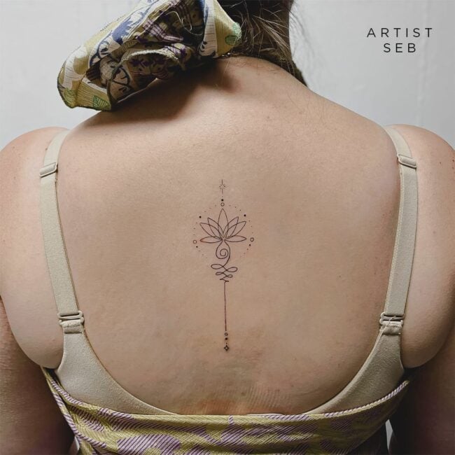 Seb Tattoo Artist Fine Line Mandala Flower Pattern Petals Knotted Lines Dots Circle Diamond Top Bottom Diamond Element Spine Back Tattoo