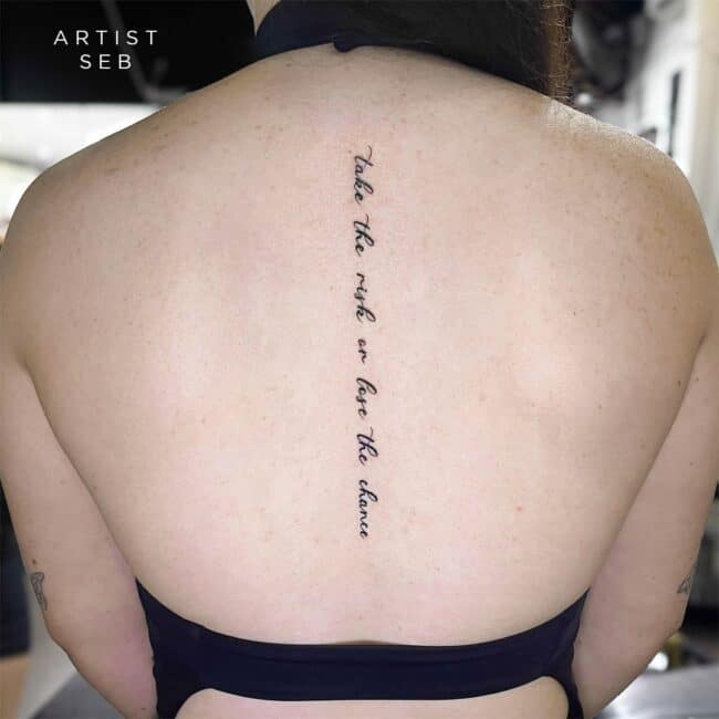 Seb Tattoo Artist Script Lettering Fine Line Bold Lines Vertical Straight Cursive Letters Spine Back Tattoo