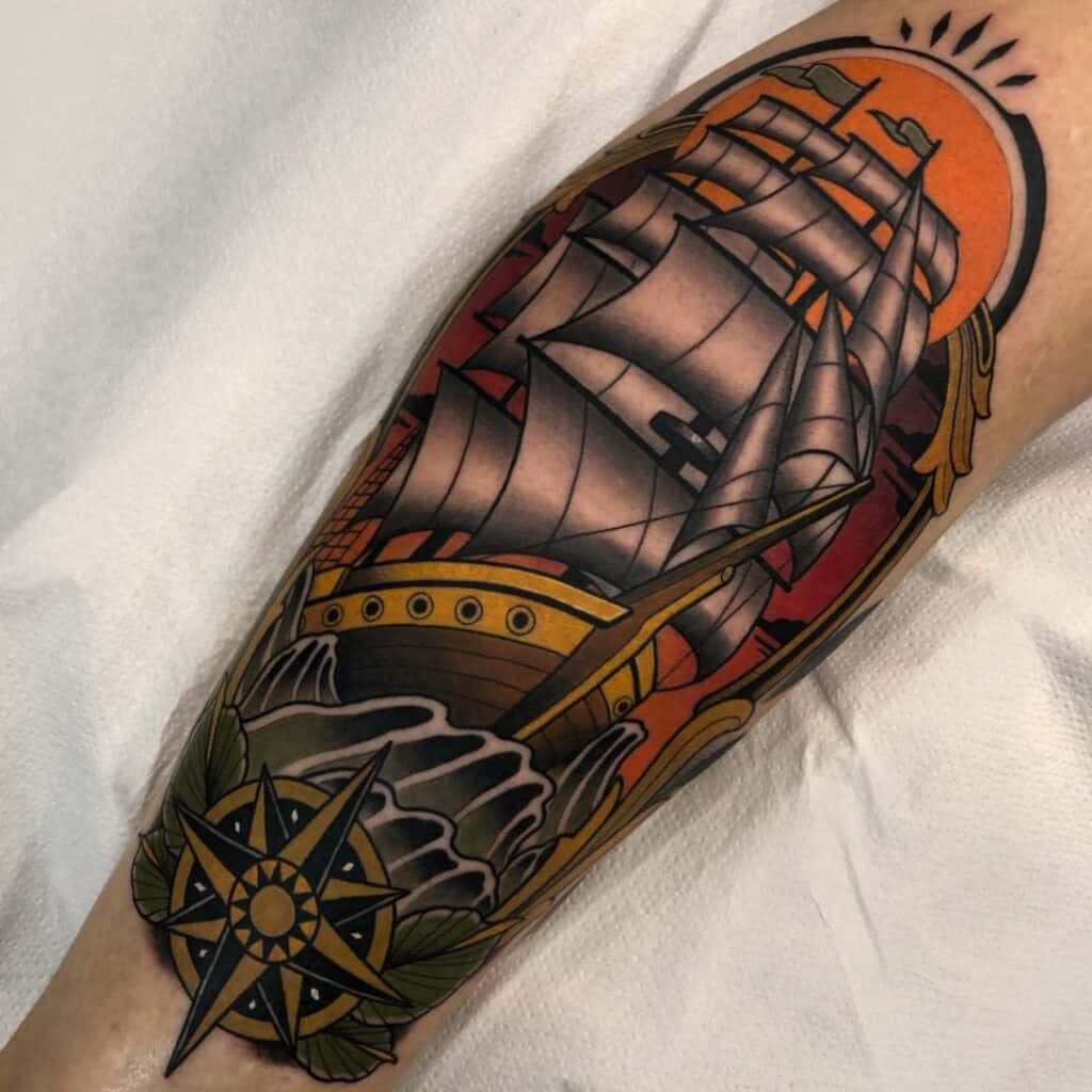 Traditional Colour Ship Jib Sail Mast Crows Nest Poop Deck Rudder Hull Sharp Head Sea Waves Birds Sun Flags Compass Forearm Tattoo