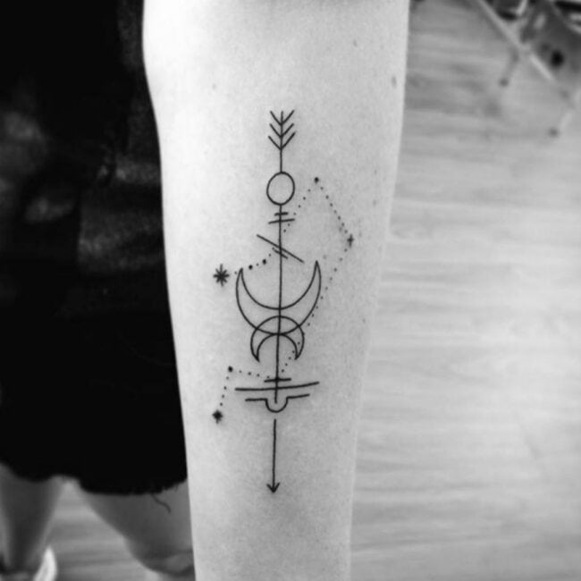 Fine Line Geometric Black and Grey Dotwork Half Moon Crescent Phases Arrow Circle Stars Line Forearm Tattoo