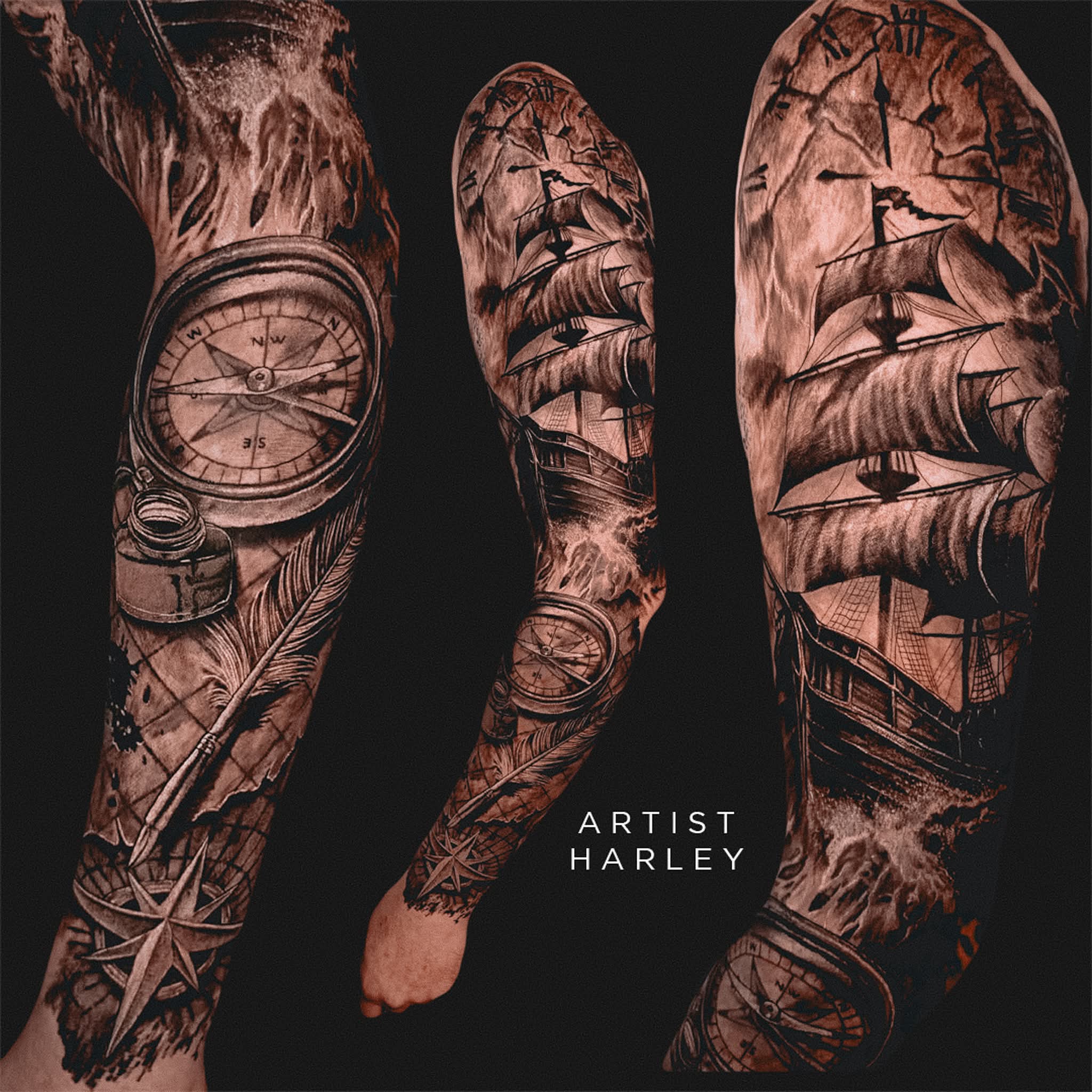 A tattoo sleeve featuring a detailed compass, map, feather, and sailing ship in dramatic black and grey style. Three angles show the full arm design and seamless tattoo touch-up work. Text reads “ARTIST HARLEY.”. | CB Ink Tattoo