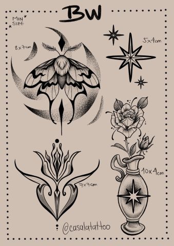 Blackwork- Butterfly- Flower-Stars- Flash-Tattoo-Design-Sheet-Camila