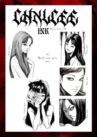 Chelsea Tattoo Artist Black and Grey Girl Detailed Black Long Hair Anime Flash