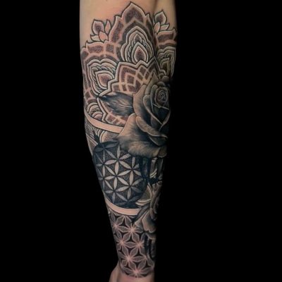Corey Tattoo Artist Mandala Geometric Rose Forearm Wrap Around Tattoo