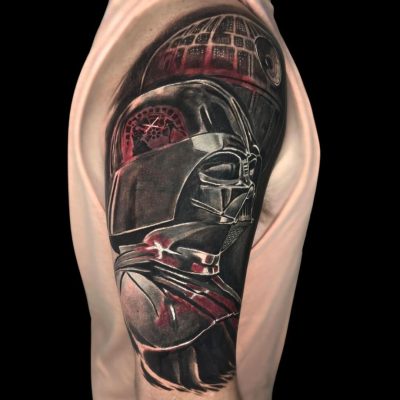 Italo Tattoo Artist Cyber Scifi Realism Darth Vader Star Wars Arm Shoulder Tattoo