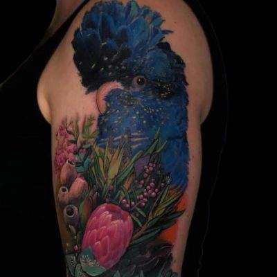 Sunny Tattoo Artist Colour Realism Parrot Bird Flowers Arm Sleeve Tattoo